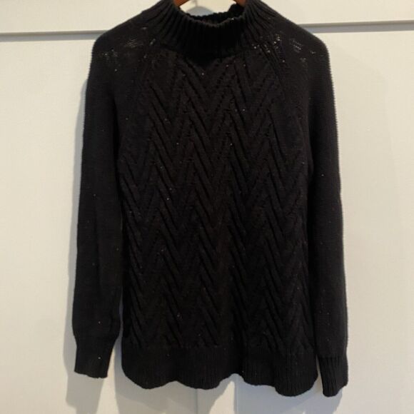 Vtg Chaps Cable Chunky Sweater Womens Medium Black Fisherman Sparkly Mock Neck - Picture 3 of 13